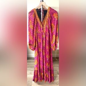 XS 🔖 FARM RIO ANTHROPOLOGIE Rare! Blogger Fav Cheetah Maxi Dress Pink Orange